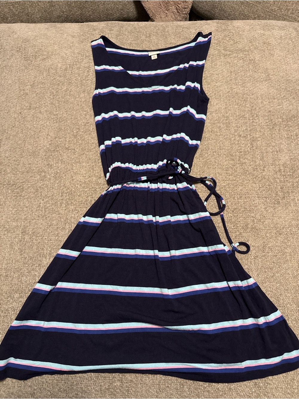 Merona Navy Striped Sleeveless Dress Medium Tie Waist Fit Flare